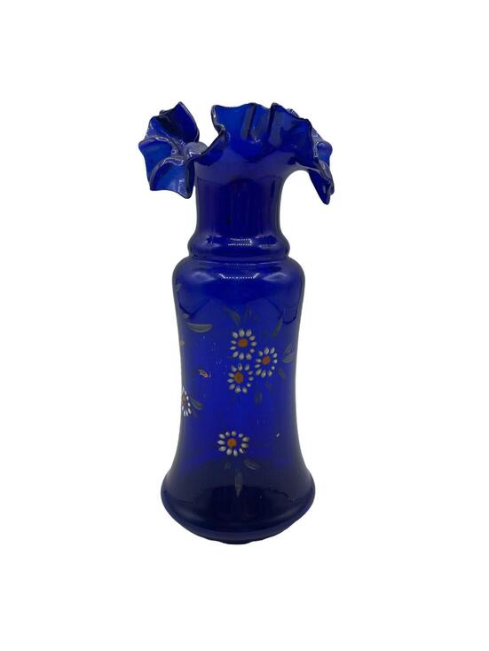 Other - Vintage Cobalt Blue Glass Vase: Hand-Painted Flowers, Ruffle Rim